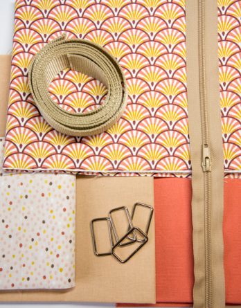 Le kit de couture sac Hugo (tailles 1 et 2)  - Eventails corail et jaune /fond de sac corail-camel